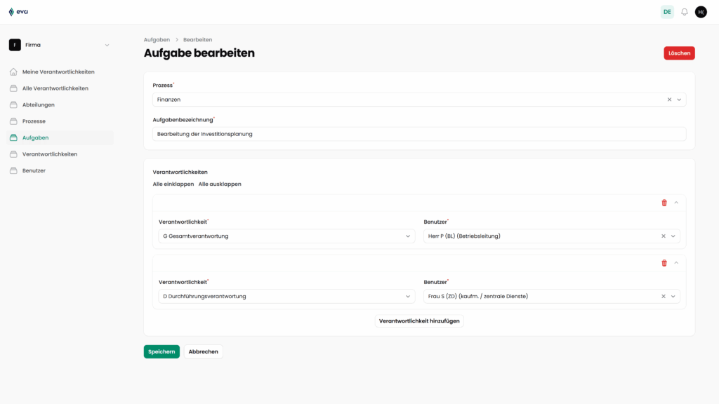 Demo Screenshot eVA (elektronische Verantwortungs- und Aufgabenverteilung)